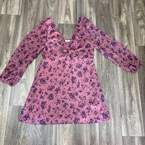 WOMENS LONG SLEEVE KNOT FRONT SKATER DRESS PLUS SIZE XXL FLORAL PURPLE